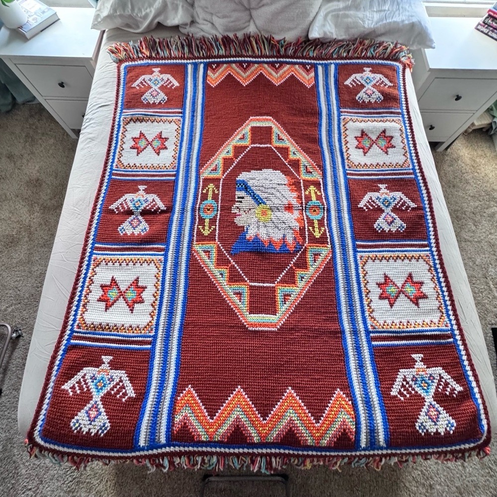 Vintage‎ Southwestern Crochet Afghan Throw 54x59 – Handmade Thunderbird Folk Art - Picture 9 of 9